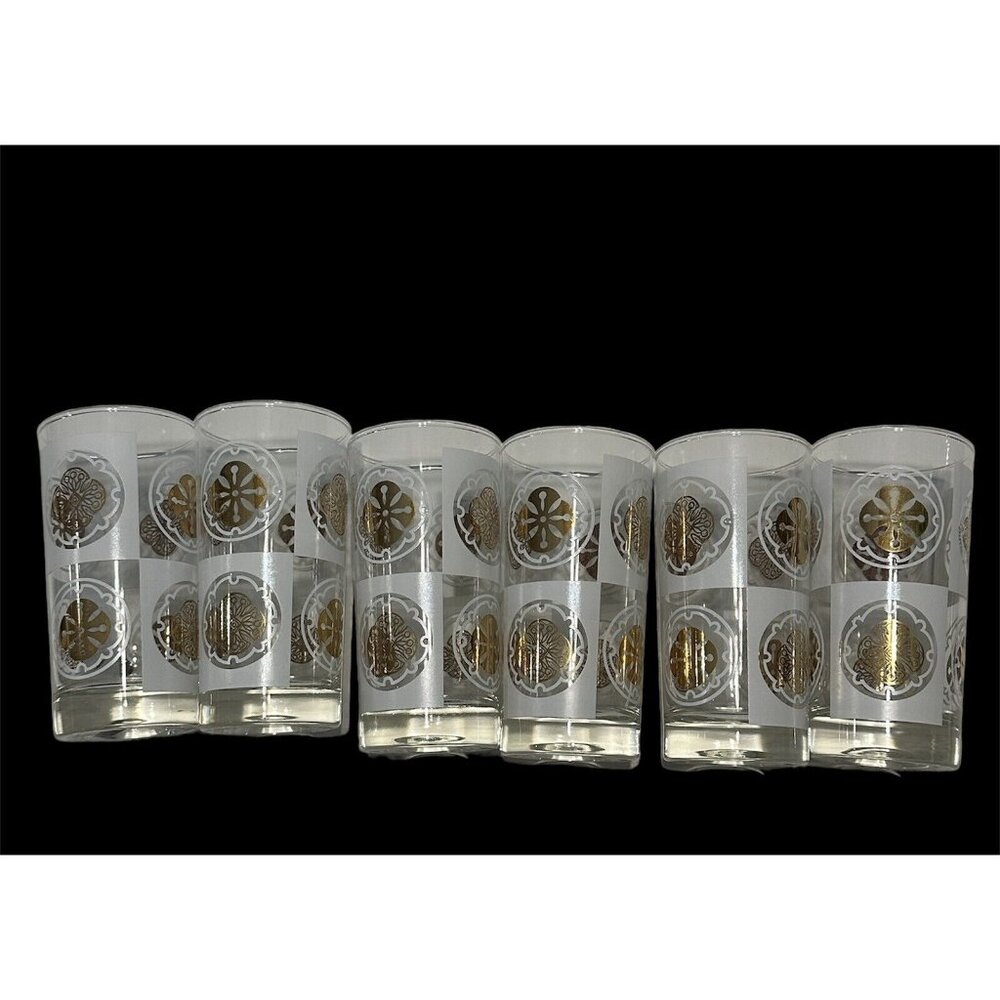 Vintage MCM 6 Sand Dollar Medallion Gold White Highball Tumbler Clear Bar Glass